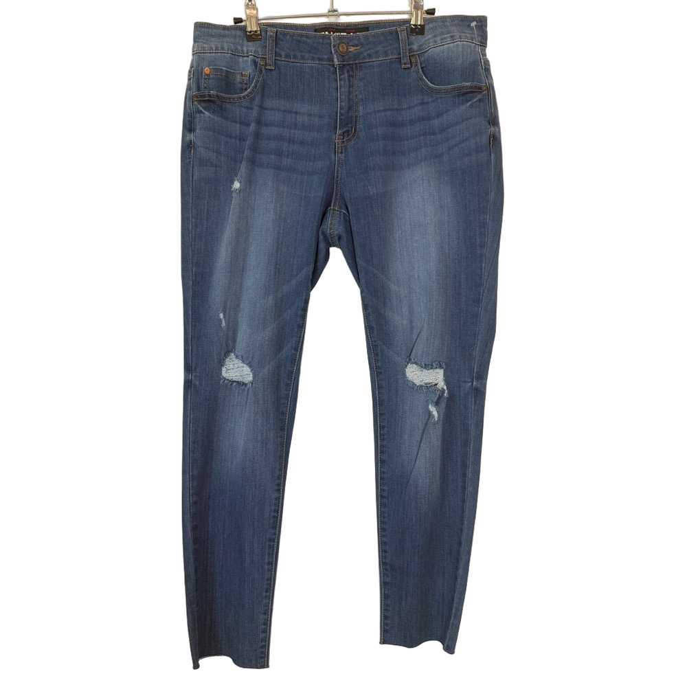Enjean Blue Medium Wash Raw Hem Distressed Whiskers Skinny Jeans SKU0397